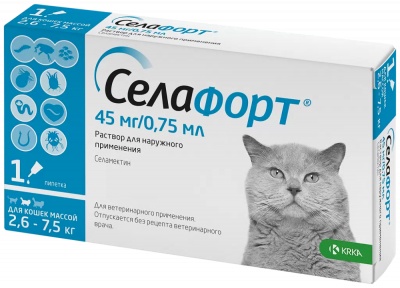 Селафорт 6% 45 мг капли от клещей, блох и глистов для кошек 2,6 - 7,5 кг, 1 пипетка