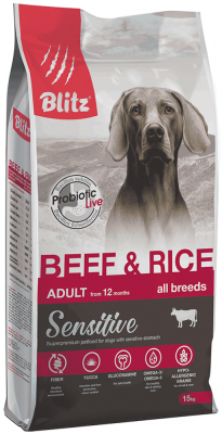 Blitz (Блиц) Dog Sensitive Beef & Rice Adult All Breeds сухой корм с говядиной и рисом для взрослых собак всех пород с чувствительным пищеварением — 15 кг