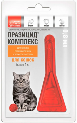 Празицид капли на холку от блох, клещей и гельминтов для кошек весом от 4 кг, 1 пипетка