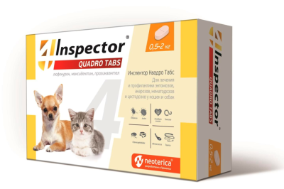 Inspector (Инспектор) Quadro Tabs таблетки от блох, клещей и глистов для кошек и собак весом от 0,5 до 2 кг, 4 таблетки
