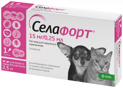 Селафорт 6% 15 мг капли от клещей, блох и глистов для кошек и собак до 2,5 кг, 1 пипетка