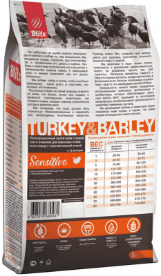 Blitz (Блиц) Dog Sensitive Turkey & Barley Adult All Breeds сухой корм с индейкой и ячменем для взрослых собак всех пород с чувствительным пищеварением — 2 кг