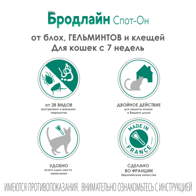Бродлайн Спот Он капли на холку от блох, клещей и гельминтов для кошек и котят весом от 2,5 до 7,5 кг, 0,9 мл