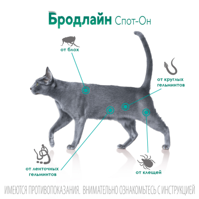 Бродлайн Спот Он капли на холку от блох, клещей и гельминтов для кошек и котят весом от 2,5 до 7,5 кг, 0,9 мл