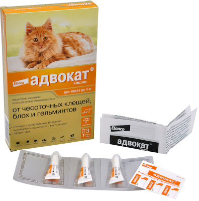 Адвокат капли на холку для котят и кошек до 4 кг — 3 пипетки x 0,4 мл