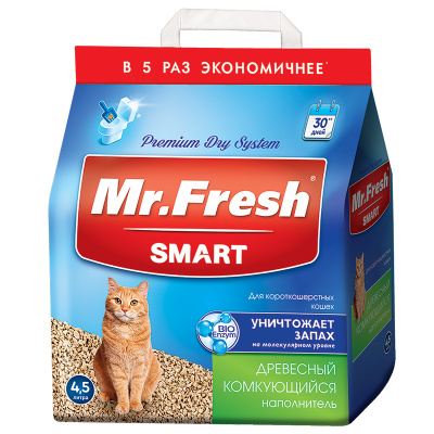 Наполнитель Mr.Fresh (Мр Фреш) Smart комкующийся древесный для короткошерстных кошек, 4,5 л